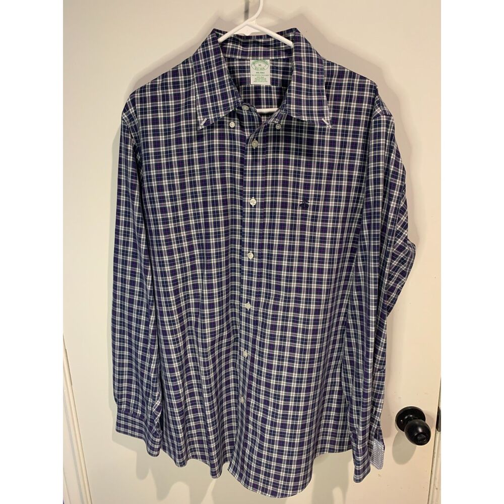 MILANO Brooks Brothers XL Men's White & Blue Plaid Cotton Dress Shirt $138